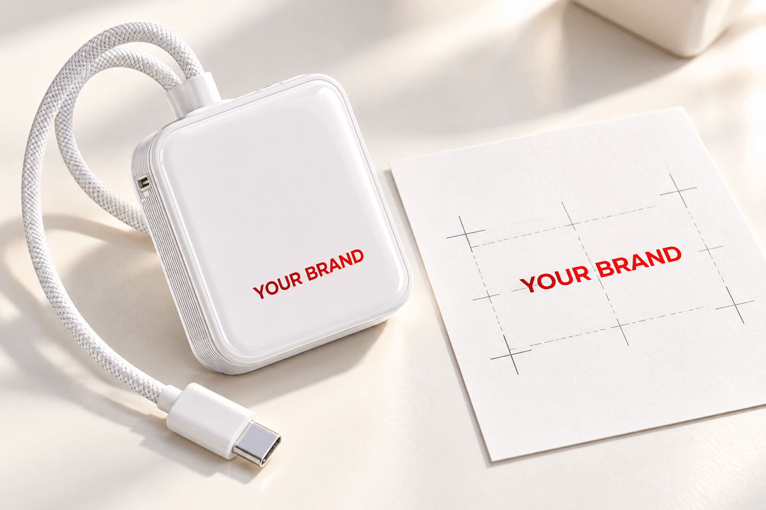White cable power bank logo and matching artwork proof concept