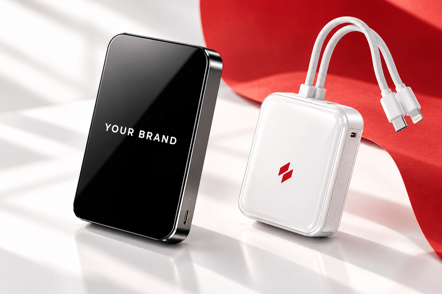 Black glass and white built-in cable power banks with example custom logos