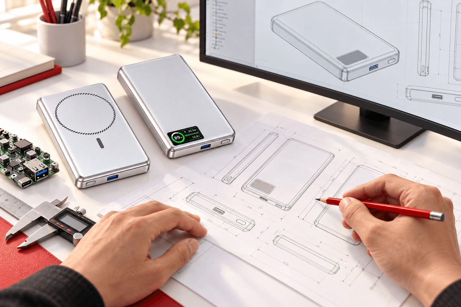 CAD drawings and a power bank prototype on an engineering desk