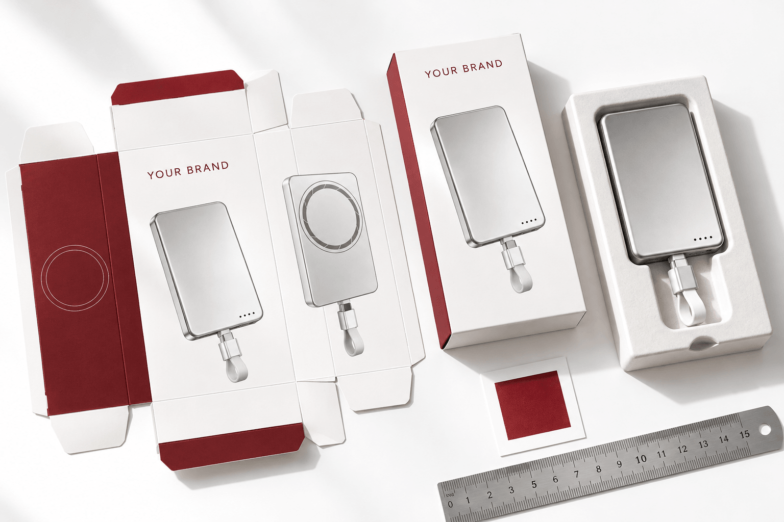 Packaging dieline, folding carton, fitted insert and slim power bank concept