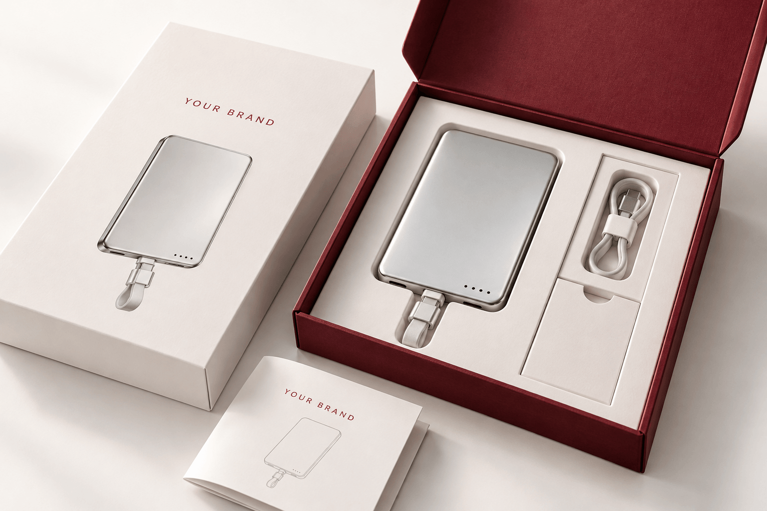 Burgundy gift box and white retail carton with a slim cable power bank