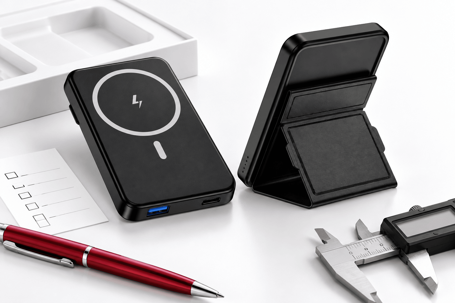 Black folding-stand power bank samples with a tray and review tools
