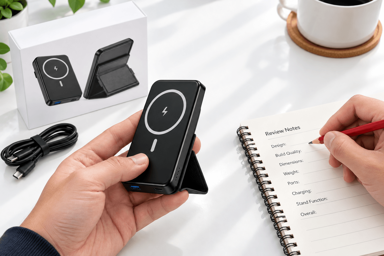Hands reviewing a folding-stand power bank sample and recording feedback